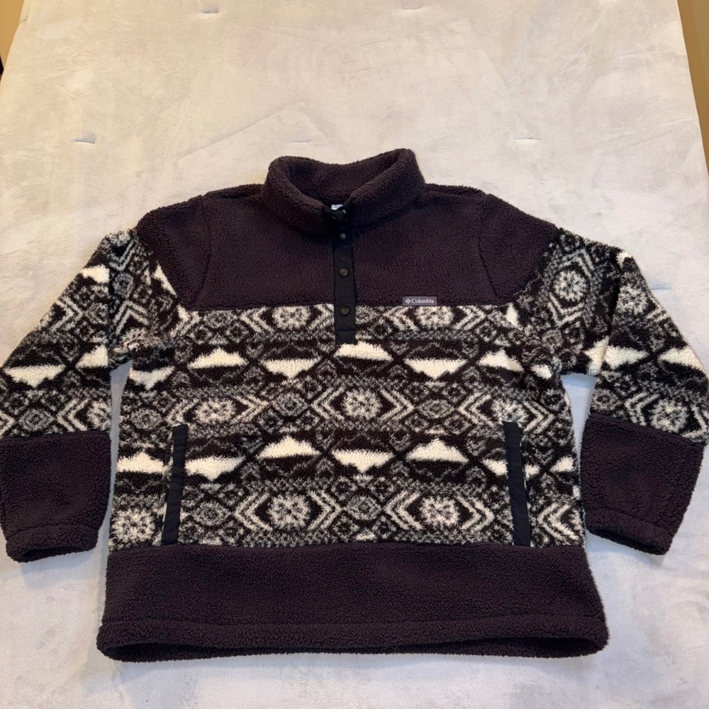 Columbia Fleece Pullover XXL Black White Geometric Fair Isle Sherpa Snap Neck